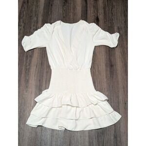 Amanda Uprichard Ivory Dress XS V Neck Ruffle Smocked Mini Party READ!‎